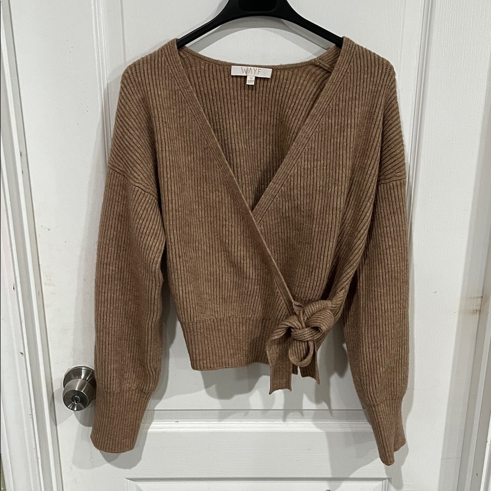 Wayf women’s Terri boucle rib wrap sweater in brown sugar